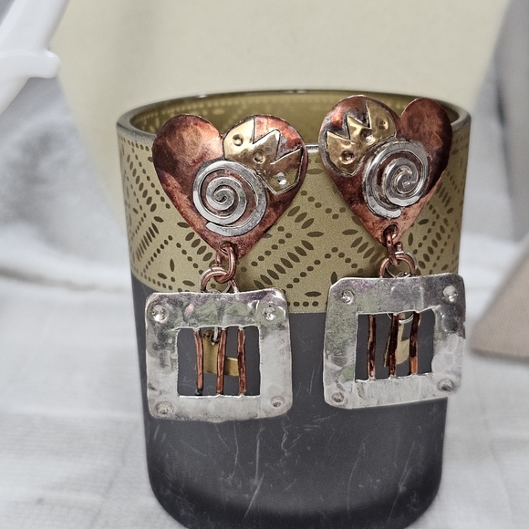 BOLIN “Caged Heart” Mixed Metal Earrings 925 Rare Artisan - Picture 4 of 14